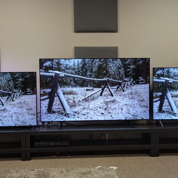Philips OLED760 vs Samsung S85F vs LG B5 showing snow-covered fence on screen