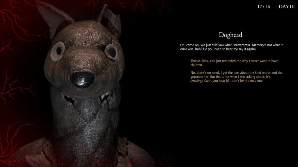 Screenshot of Pathologic 3: talking to character called Doghead