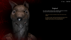 Screenshot of Pathologic 3: talking to character called Doghead