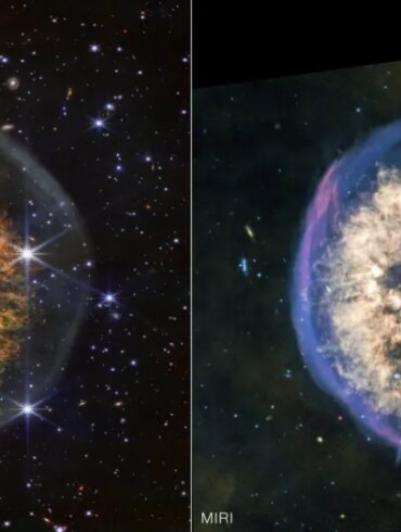A dying star, appearing as a brain-like nebula with orange and white gas clouds, captured by the James Webb Telescope.