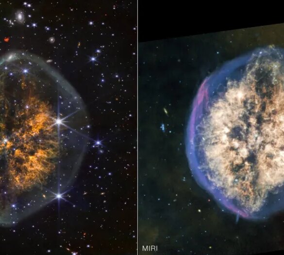 A dying star, appearing as a brain-like nebula with orange and white gas clouds, captured by the James Webb Telescope.