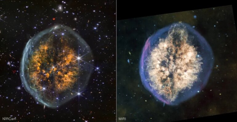 A dying star, appearing as a brain-like nebula with orange and white gas clouds, captured by the James Webb Telescope.