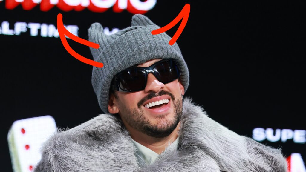 SAN FRANCISCO, CALIFORNIA - FEBRUARY 05: Bad Bunny appears onstage during the Super Bowl LX Pregame &amp; Apple Music Super Bowl LX Halftime Show Press Conference at Moscone Center West in San Francisco, California. (Photo by Kevin Mazur/Getty Images for Roc Nation)