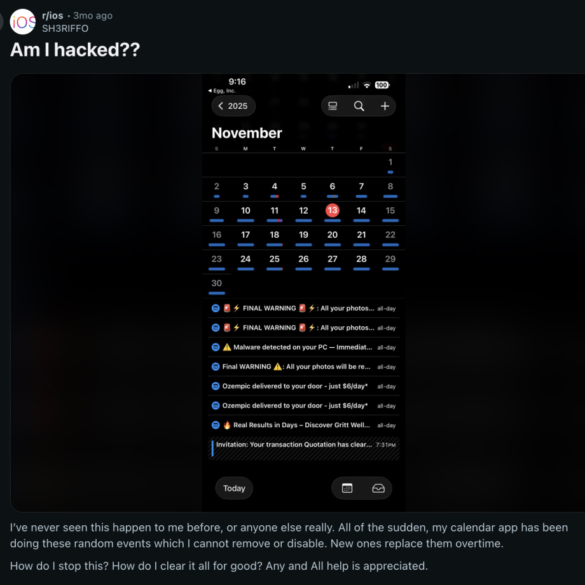 Screenshot of a Reddit post from the iOS board, asking "Am I hacked??" about strange spam events appearing in the user's calendar app.