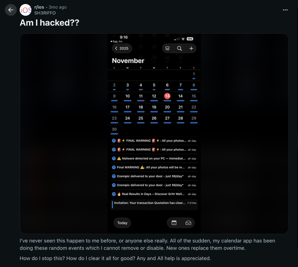 Screenshot of a Reddit post from the iOS board, asking "Am I hacked??" about strange spam events appearing in the user's calendar app.