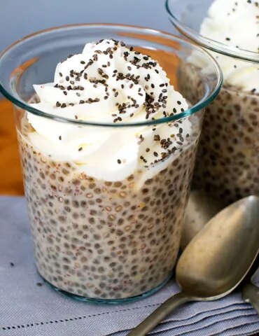 Chia seeds take on a tapioca-like consistency when soaked in a liquid such as almond milk, and result in a thick pudding, as shown here.