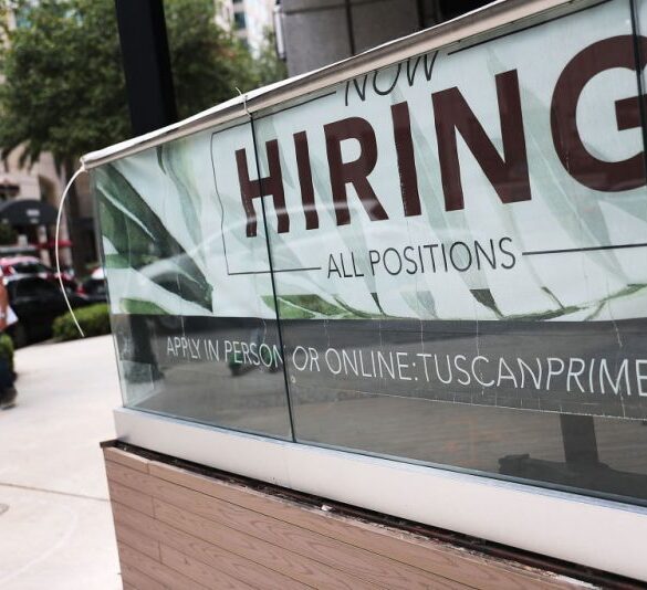 FORT LAUDERDALE, FLORIDA - MAY 03: A Now Hiring sign is seen on May 03, 2019 in Fort Lauderdale, Florida. The Labor Department released the month of April hiring and unemployment data that showed 263,000 jobs were created last month which beat analysts expectations and dropped the unemployment rate to 3.6 percent. (Photo by Joe Raedle/Getty Images)