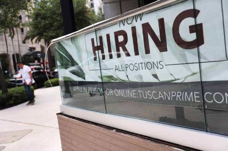 FORT LAUDERDALE, FLORIDA - MAY 03: A Now Hiring sign is seen on May 03, 2019 in Fort Lauderdale, Florida. The Labor Department released the month of April hiring and unemployment data that showed 263,000 jobs were created last month which beat analysts expectations and dropped the unemployment rate to 3.6 percent. (Photo by Joe Raedle/Getty Images)