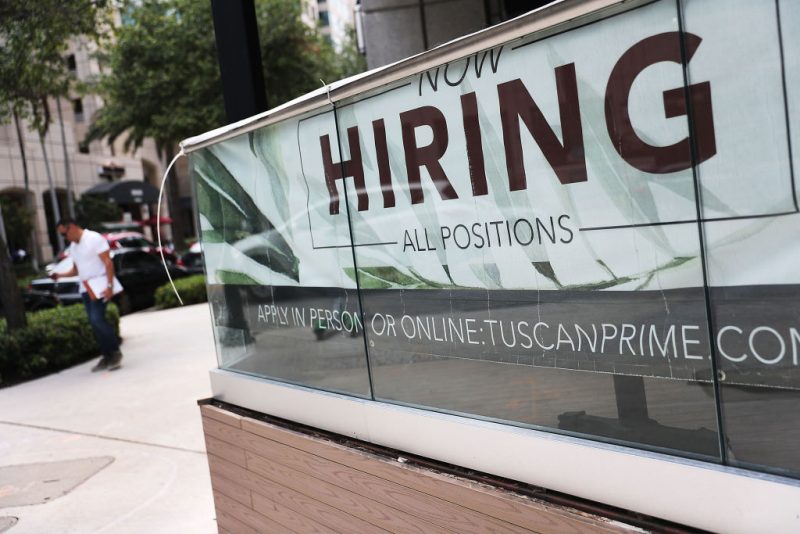 FORT LAUDERDALE, FLORIDA - MAY 03: A Now Hiring sign is seen on May 03, 2019 in Fort Lauderdale, Florida. The Labor Department released the month of April hiring and unemployment data that showed 263,000 jobs were created last month which beat analysts expectations and dropped the unemployment rate to 3.6 percent. (Photo by Joe Raedle/Getty Images)