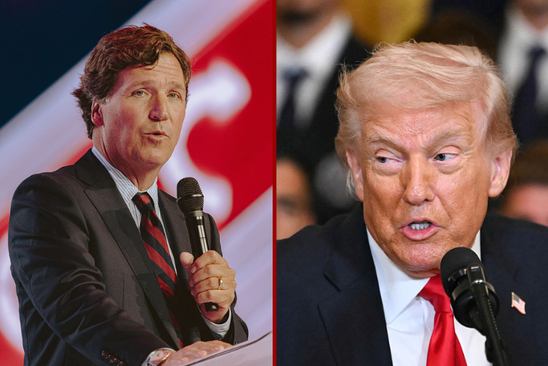 (L) Conservative political commentator and podcast host Tucker Carlson speaks at Turning Point's annual AmericaFest conference, in remembrance of late right-wing political activist Charlie Kirk, in Phoenix, Arizona on December 18, 2025. Kirk was shot dead on a Utah college campus in September, sparking a wave of grief among conservatives, and threats of a clampdown on the "radical left" from President Donald Trump. (Photo by Olivier Touron / AFP via Getty Images) / (R) US President Donald Trump speaks during an event for Inter Miami CF, winners of the 2025 Major League Soccer Cup, in the East Room of the White House in Washington, DC, on March 5, 2026. (Photo by ANDREW CABALLERO-REYNOLDS / AFP via Getty Images)