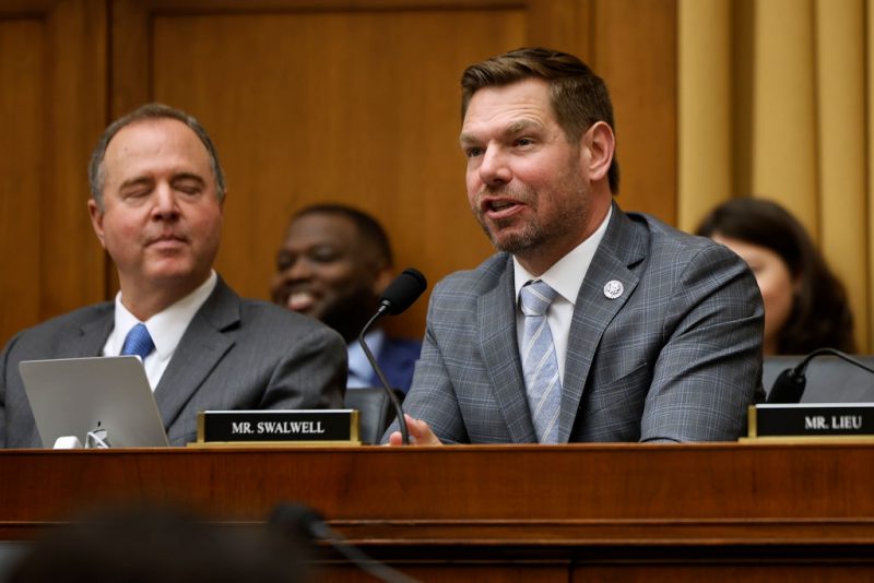 WASHINGTON, DC - JUNE 04: House Judiciary Committee member Rep. Eric Swalwell (D-CA) (R) accuses his fellow committee members of being members of a cult as U.S. Attorney General Merrick Garland testifies during a hearing in the Rayburn House Office Building on Capitol Hill on June 04, 2024 in Washington, DC. Facing a contempt vote in the House, Garland pushed back against false accusation that the Justice Department is behind the prosecution and subsequent conviction of former U.S. President Donald Trump in New York, and that falsehoods and "conspiracy theories" are harming the rule of law. (Photo by Chip Somodevilla/Getty Images)