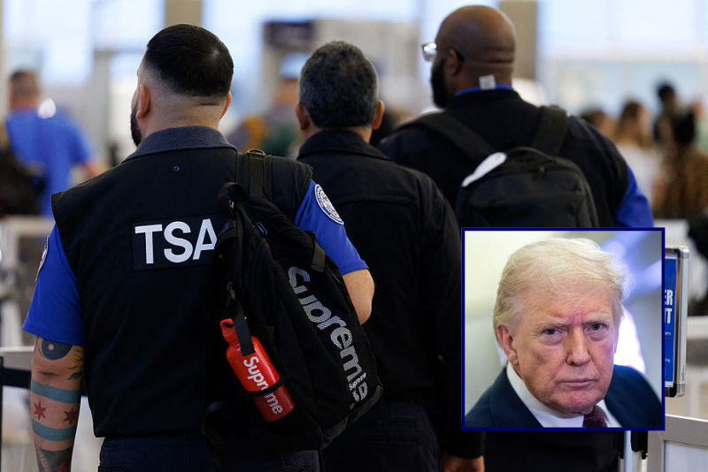 (Background) A TSA agent works at a security checkpoint at Ronald Reagan National Airport in Arlington, Virginia, on March 9, 2026. (Photo by Aaron Schwartz / AFP via Getty Images) /(R) U.S. President Donald Trump speaks to members of the media onboard Air Force One out of West Palm Beach, Florida, on March 15, 2026. (Photo by Nathan Howard/Getty Images)