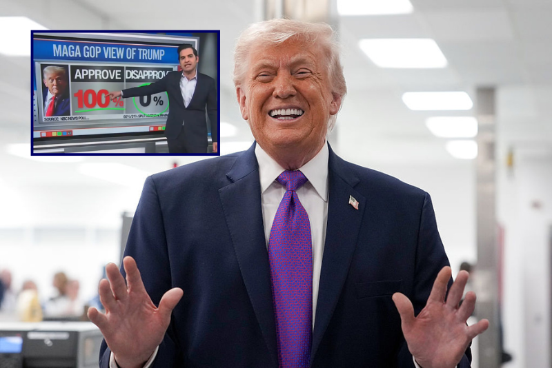 (Background) U.S. President Donald Trump speaks during a tour of a Thermo Fisher Scientific facility on March 11, 2026 in Reading, Ohio. President Trump is highlighting his administration's push to lower drug prices at the biotechnology and pharmaceutical company. (Photo by Andrew Harnik/Getty Images) / (L) Screen Capture of CNN chief data analyst Harry Enten hosting News Central.