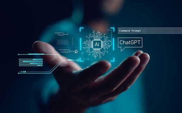 Hand holding digital AI and ChatGPT graphics.