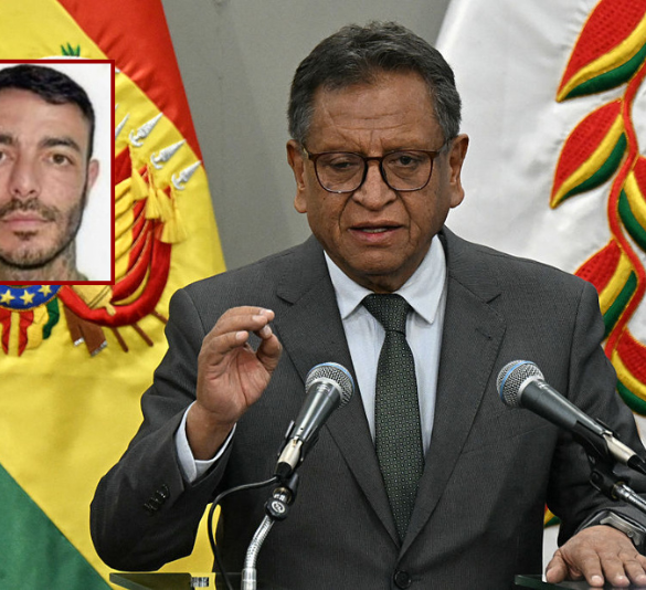 (Background) Bolivian Minister of Government Marco Antonio Oviedo delivers a press conference in La Paz, after Uruguayan alleged trug trafficker Sebastian Marset was arrested, on March 13, 2026. Notorious narco trafficker, Sebastian Marset, who eluded police across Latin America for years and was on the US most-wanted list, was arrested on March 13, 2026 in Bolivia, a government source told AFP. (Photo by AIZAR RALDES / AFP via Getty Images) / (L) Sebastian Enrique Marset Cabrera (via: Department of State; state.gov)