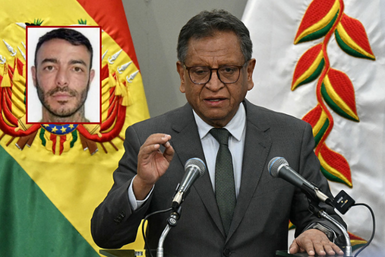 (Background) Bolivian Minister of Government Marco Antonio Oviedo delivers a press conference in La Paz, after Uruguayan alleged trug trafficker Sebastian Marset was arrested, on March 13, 2026. Notorious narco trafficker, Sebastian Marset, who eluded police across Latin America for years and was on the US most-wanted list, was arrested on March 13, 2026 in Bolivia, a government source told AFP. (Photo by AIZAR RALDES / AFP via Getty Images) / (L) Sebastian Enrique Marset Cabrera (via: Department of State; state.gov)