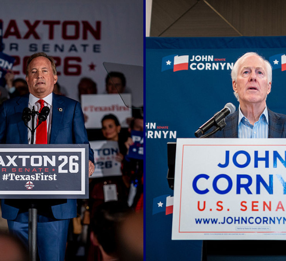 (L) GOP Texas Senate Candidate Ken Paxton speaks to supporters at a watch party on March 3, 2026 in Dallas, Texas. Paxton and incumbent John Cornyn will face off again in a run off. (Photo by Sergio Flores/Getty Images) / (R) Sen. John Cornyn (R-TX) speaks to members of the media at the Austin Marriott Downtown on March 03, 2026 in Austin, Texas. Early results indicate a runoff race between Cornyn and opponent Texas Attorney General Ken Paxton. (Photo by Brandon Bell/Getty Images)