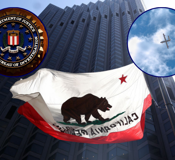 California flag flies in front of 555 California Street on May 09, 2023 in San Francisco. / A crest of the Federal Bureau of Investigation is seen inside J. Edgar Hoover FBI Building in DC. (MANDEL NGAN/AFP via Getty Images) / Iranian-made Shahed-129 'Kamikaze' drone flies over the sky of Kermanshah, Iran on March 7, 2024. (Photo by ANONYMOUS/Middle East Images/AFP via Getty Images)