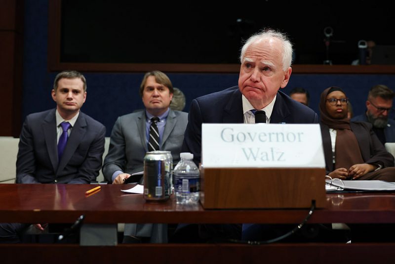 WASHINGTON, DC - MARCH 04: Minnesota Gov. Tim Walz testifies during a House Oversight and Government Reform Committee hearing in the U.S. Capitol Building on March 04, 2026 in Washington, DC. The committee held the hearing to examine the alleged misuse of federal funds intended for Minnesota social services and Medicaid programs. (Photo by Anna Moneymaker/Getty Images)