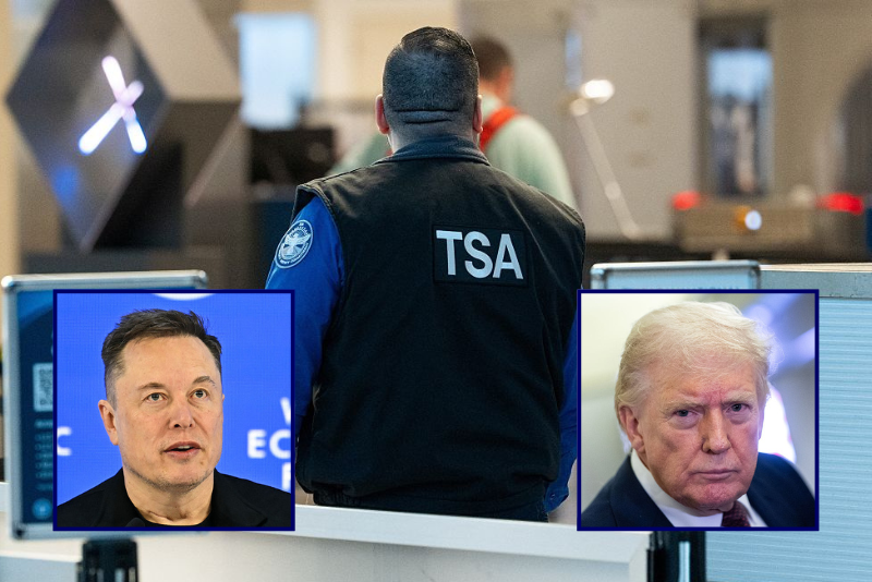 (Background) A TSA agent works at a security checkpoint at Ronald Reagan National Airport in Arlington, Virginia, on March 9, 2026. (Photo by Aaron Schwartz / AFP via Getty Images) / (L) CEO of SpaceX and Tesla, South African-Canadian-US businessman Elon Musk speaks during the World Economic Forum (WEF) annual meeting in Davos on January 22, 2026. The World Economic Forum takes place in Davos from January 19 to January 23, 2026. (Photo by Fabrice COFFRINI / AFP via Getty Images) / (R) U.S. President Donald Trump speaks to members of the media onboard Air Force One out of West Palm Beach, Florida on March 15, 2026 while en route to Joint Base Andrews, Maryland. President Trump returned to Washington D.C. on Sunday following a weekend trip to Florida. (Photo by Nathan Howard/Getty Images)