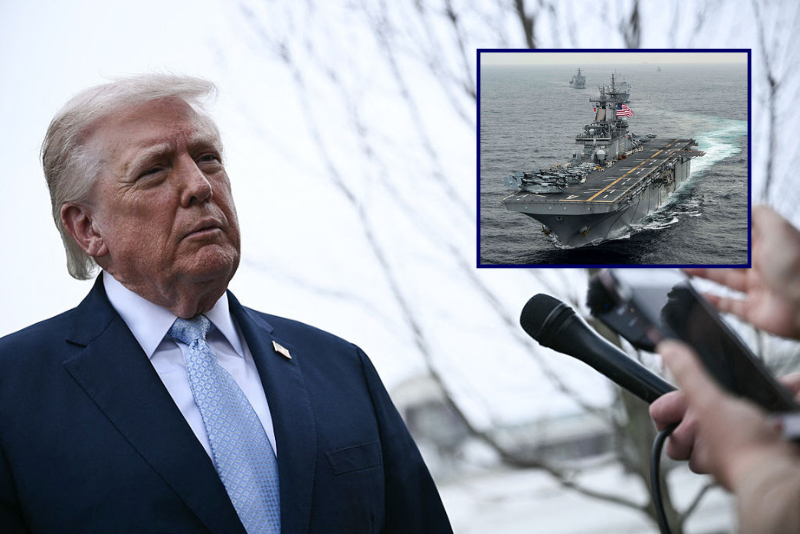 (Backlground) US President Donald Trump speaks to journalists before boarding Marine One as he departs from the South Lawn of the White House in Washington, DC, on March 20, 2026 for his Mar-a-Lago residence, where he will spend the weekend. (Photo by Brendan SMIALOWSKI / AFP via Getty Images) / (R) In this handout photo provided by the U.S. Navy, the amphibious assault ship USS Boxer (LHD 4) transits the East Sea on March 8, 2016 during Exercise Ssang Yong 2016. Ssang Yong 16 is a biennial combined amphibious exercise conducted by forward-deployed U.S. forces with the Republic of Korea Navy and Marine Corps, Australian Army and Royal New Zealand Army Forces. (Photo by MCSN Craig Z. Rodarte/U.S. Navy via Getty Images)