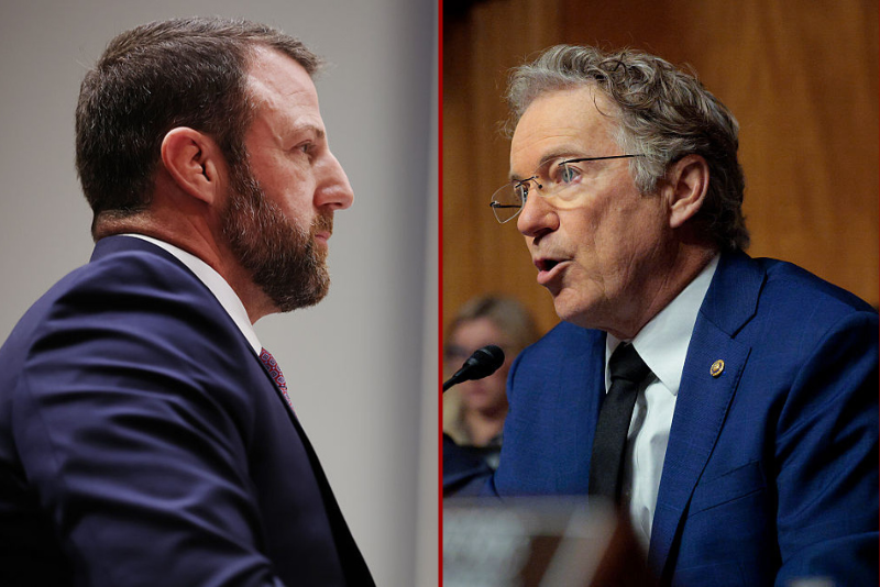 (L) U.S. Sen. Markwayne Mullin (R-OK) listens during Chairman Sen. Rand Paul's (R-KY) opening remarks at a confirmation hearing to be the next Secretary of the Department of Homeland Security in the Dirksen Senate Office Building on March 18, 2026 in Washington, DC. President Trump nominated Mullin to replace Kristi Noem as DHS Secretary. (Photo by Anna Moneymaker/Getty Images) / (R) Chairman Sen. Rand Paul (R-KY) delivers an opening statement during a confirmation hearing for U.S. Sen. Markwayne Mullin (R-OK) to be the next Secretary of the Department of Homeland Security in the Dirksen Senate Office Building on March 18, 2026 in Washington, DC. President Trump nominated Mullin to replace Kristi Noem as DHS Secretary. (Photo by Chip Somodevilla/Getty Images)