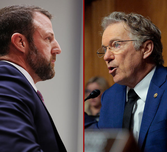 (L) U.S. Sen. Markwayne Mullin (R-OK) listens during Chairman Sen. Rand Paul's (R-KY) opening remarks at a confirmation hearing to be the next Secretary of the Department of Homeland Security in the Dirksen Senate Office Building on March 18, 2026 in Washington, DC. President Trump nominated Mullin to replace Kristi Noem as DHS Secretary. (Photo by Anna Moneymaker/Getty Images) / (R) Chairman Sen. Rand Paul (R-KY) delivers an opening statement during a confirmation hearing for U.S. Sen. Markwayne Mullin (R-OK) to be the next Secretary of the Department of Homeland Security in the Dirksen Senate Office Building on March 18, 2026 in Washington, DC. President Trump nominated Mullin to replace Kristi Noem as DHS Secretary. (Photo by Chip Somodevilla/Getty Images)