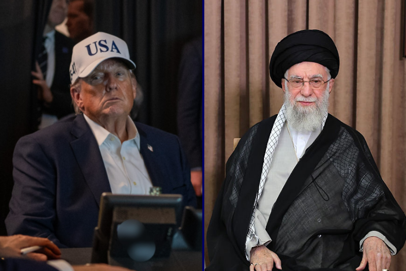 (L) Photo of President Donald Trump monitoring U.S. Military Operations in Iran from Mar-A-Lago in Palm Beach, Florida, on Saturday, February 28, 2026. (via: The White House; X) / (R) In this handout image provided by the Office of the Supreme Leader of Iran, Iranian Supreme Leader Ali Khamenei addresses the nation in a state television broadcast on June 18, 2025 in Tehran, Iran. In the address, he said the Iranian people would never surrender and that “any form of US military intervention will undoubtedly be met with irreparable harm.”(Photo by Office of the Supreme Leader of Iran via Getty Images)