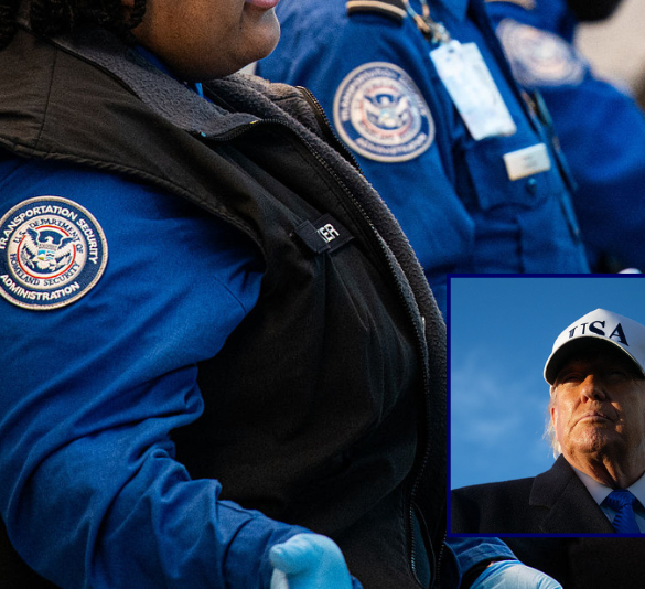 (Background) TSA agents assist travelers in Ronald Reagan Washington National Airport in Arlington, Virginia, on March 13, 2025. US airport security officers missed their first full paycheck Friday as a partial funding shutdown of the government approached the one-month mark, with no breakthrough in a congressional standoff that is beginning to disrupt travel across the country. (Photo by Annabelle GORDON / AFP via Getty Images) / (R) US President Donald Trump speaks to reporters before boarding Air Force One as he departs Joint Base Andrews in Maryland on March 13, 2026. President Trump is heading to Florida to spend the weekend at his Mar-a-Lago resort. (Photo by SAUL LOEB / AFP via Getty Images)