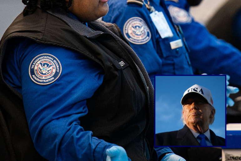 (Background) TSA agents assist travelers in Ronald Reagan Washington National Airport in Arlington, Virginia, on March 13, 2025. US airport security officers missed their first full paycheck Friday as a partial funding shutdown of the government approached the one-month mark, with no breakthrough in a congressional standoff that is beginning to disrupt travel across the country. (Photo by Annabelle GORDON / AFP via Getty Images) / (R) US President Donald Trump speaks to reporters before boarding Air Force One as he departs Joint Base Andrews in Maryland on March 13, 2026. President Trump is heading to Florida to spend the weekend at his Mar-a-Lago resort. (Photo by SAUL LOEB / AFP via Getty Images)