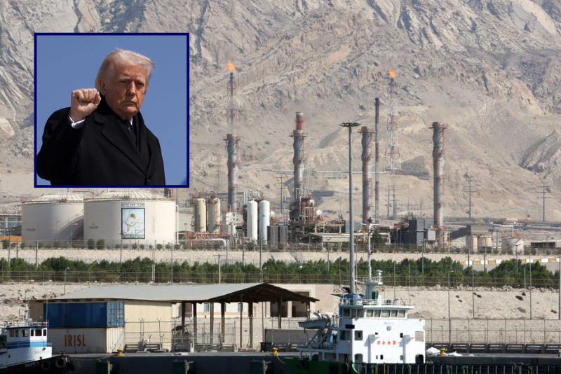 (Background) A picture shows a general view of the phase 17-18 of the South Pars gas field facilities in the southern Iranian port town of Assaluyeh on the shore of the Gulf on November 19, 2015. Several leaders from a dozen gas producing countries -- who together hold 67 percent of proven reserves -- will take part in the Gas Exporting Countries Forum (GECF) summit in Tehran on November 23. AFP PHOTO / ATTA KENARE (Photo by Atta KENARE / AFP) (Photo by ATTA KENARE/AFP via Getty Images) / (L) U.S. President Donald Trump raises his fist as he boards Air Force One on March 18, 2026 at Joint Base Andrews, Maryland. President Trump is traveling to Dover, Delaware to attend a dignified transfer ceremony honoring six U.S. service members killed in a KC-135 refueling aircraft crash in Iraq. (Photo by Alex Wong/Getty Images)