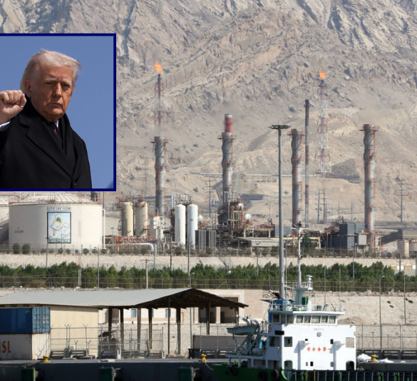 (Background) A picture shows a general view of the phase 17-18 of the South Pars gas field facilities in the southern Iranian port town of Assaluyeh on the shore of the Gulf on November 19, 2015. Several leaders from a dozen gas producing countries -- who together hold 67 percent of proven reserves -- will take part in the Gas Exporting Countries Forum (GECF) summit in Tehran on November 23. AFP PHOTO / ATTA KENARE (Photo by Atta KENARE / AFP) (Photo by ATTA KENARE/AFP via Getty Images) / (L) U.S. President Donald Trump raises his fist as he boards Air Force One on March 18, 2026 at Joint Base Andrews, Maryland. President Trump is traveling to Dover, Delaware to attend a dignified transfer ceremony honoring six U.S. service members killed in a KC-135 refueling aircraft crash in Iraq. (Photo by Alex Wong/Getty Images)