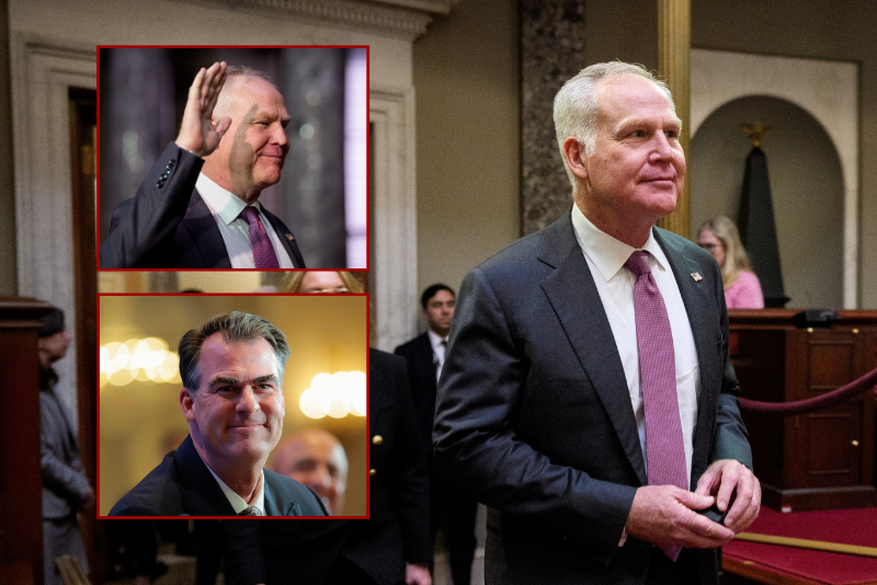(L-top) WASHINGTON, DC - MARCH 24: Newly sworn-in Sen. Alan Armstrong (R-OK) participates in a ceremonial swearing in ceremony in the Old Senate Chamber at the U.S. Capitol Building on March 24, 2026 in Washington, DC. Armstrong, a longtime petroleum executive, was sworn in as an interim Senator for Oklahoma to replace Markwayne Mullin, who was tapped to replace Kristi Noem as the new U.S. Secretary of Homeland Security. (Photo by Andrew Harnik/Getty Images) / (L-bottom) WASHINGTON, DC - FEBRUARY 18: Oklahoma Gov. Kevin Stitt is introduced by David Rubenstein alongside Maryland Gov. Wes Moore at the Economic Club on February 18, 2026 in Washington, DC. As Chair and Vice Chair of the National Governors Association, Stitt and Moore discussed the NGA’s bipartisan “Reigniting the American Dream” initiative. (Photo by Heather Diehl/Getty Images)/ (Background) WASHINGTON, DC - MARCH 24: Newly sworn-in Sen. Alan Armstrong (R-OK), accompanied by his wife Shelly, arrives for a ceremonial swearing in ceremony with Senate President Pro Tempore Charles Grassley (R-IA) in the Old Senate Chamber at the U.S. Capitol Building on March 24, 2026 in Washington, DC. Armstrong, a longtime petroleum executive, was sworn in as an interim Senator for Oklahoma to replace Markwayne Mullin, who was tapped to replace Kristi Noem as the new U.S. Secretary of Homeland Security. (Photo by Andrew Harnik/Getty Images)