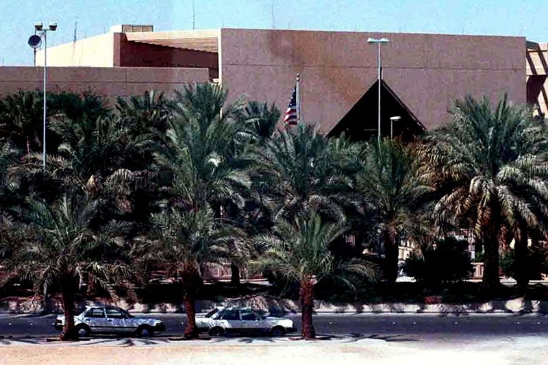 (FILES)--A general view of the US Embassy in the Saudi capital Riyadh taken 2002. The United States ordered its non-essential diplomats in Saudi Arabia to leave the country due to heightened security fears in the kingdom and urged US citizens there to leave. AFP PHOTO/Bilal QABALAN (Photo by BILAL QABALAN / AFP) (Photo by BILAL QABALAN/AFP via Getty Images)