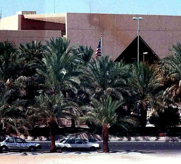 (FILES)--A general view of the US Embassy in the Saudi capital Riyadh taken 2002. The United States ordered its non-essential diplomats in Saudi Arabia to leave the country due to heightened security fears in the kingdom and urged US citizens there to leave. AFP PHOTO/Bilal QABALAN (Photo by BILAL QABALAN / AFP) (Photo by BILAL QABALAN/AFP via Getty Images)