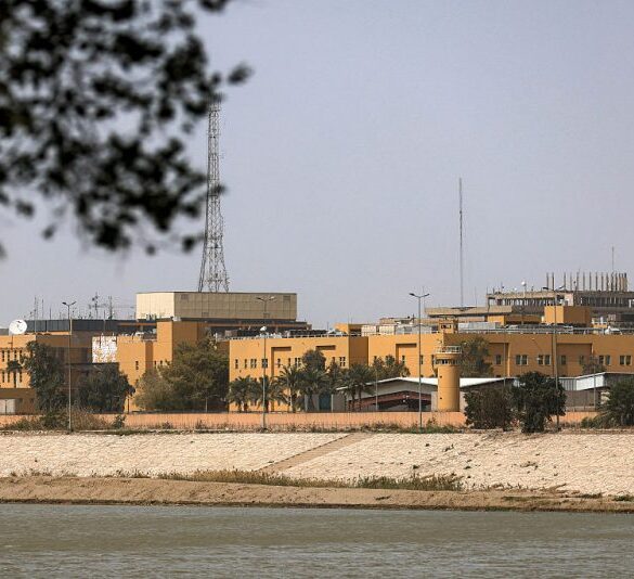 The US embassy headquarters in Iraq is pictured in Baghdad's fortified "Green Zone" on March 8, 2026. Air defence systems intercepted rockets fired at the US embassy in Baghdad late on March 7, security sources told AFP. It is the first such attack on the embassy in Baghdad since the start of the war in the Middle East, triggered by a joint US-Israeli attack on Iran, into which Iraq has been dragged. (Photo by AHMAD AL-RUBAYE / AFP via Getty Images)