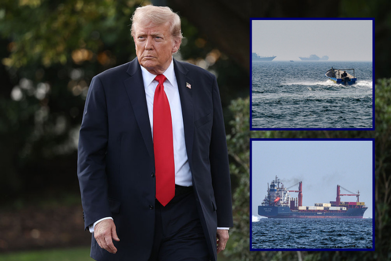 U.S. President Donald walks toward reporters while departing the White House on September 11, 2025 in Washington, DC. (Photo by Win McNamee/Getty Images) / A boat approaches the St Kitt's and Nevis-flagged container ship Marsa Victory while crusing in the waters of the Strait of Hormuz off the coast of Khasab in Oman's northern Musandam peninsula on June 25, 2025. (Photo by Giuseppe CACACE / AFP) / A motorboat cruises along the shore off the town of Al Jeer on the Strait of Hormuz in the northern emirate of Ras Al Khaimah, with a tanker seen in the background, on February 25, 2026. (Photo by FADEL SENNA / AFP via Getty Images)