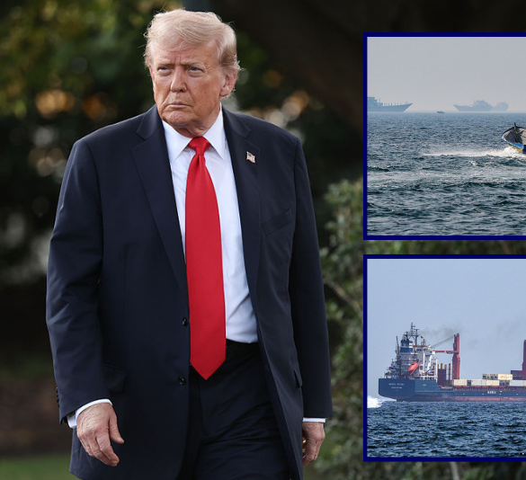 U.S. President Donald walks toward reporters while departing the White House on September 11, 2025 in Washington, DC. (Photo by Win McNamee/Getty Images) / A boat approaches the St Kitt's and Nevis-flagged container ship Marsa Victory while crusing in the waters of the Strait of Hormuz off the coast of Khasab in Oman's northern Musandam peninsula on June 25, 2025. (Photo by Giuseppe CACACE / AFP) / A motorboat cruises along the shore off the town of Al Jeer on the Strait of Hormuz in the northern emirate of Ras Al Khaimah, with a tanker seen in the background, on February 25, 2026. (Photo by FADEL SENNA / AFP via Getty Images)