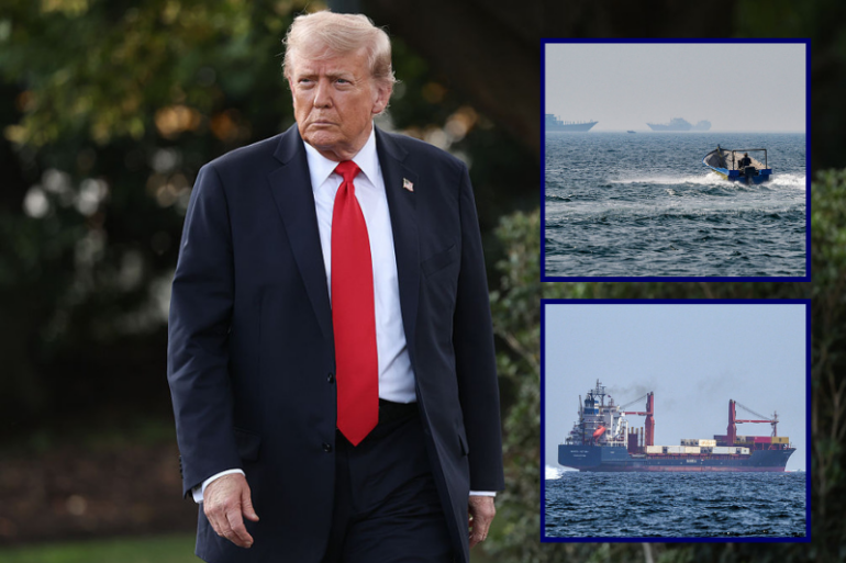U.S. President Donald walks toward reporters while departing the White House on September 11, 2025 in Washington, DC. (Photo by Win McNamee/Getty Images) / A boat approaches the St Kitt's and Nevis-flagged container ship Marsa Victory while crusing in the waters of the Strait of Hormuz off the coast of Khasab in Oman's northern Musandam peninsula on June 25, 2025. (Photo by Giuseppe CACACE / AFP) / A motorboat cruises along the shore off the town of Al Jeer on the Strait of Hormuz in the northern emirate of Ras Al Khaimah, with a tanker seen in the background, on February 25, 2026. (Photo by FADEL SENNA / AFP via Getty Images)
