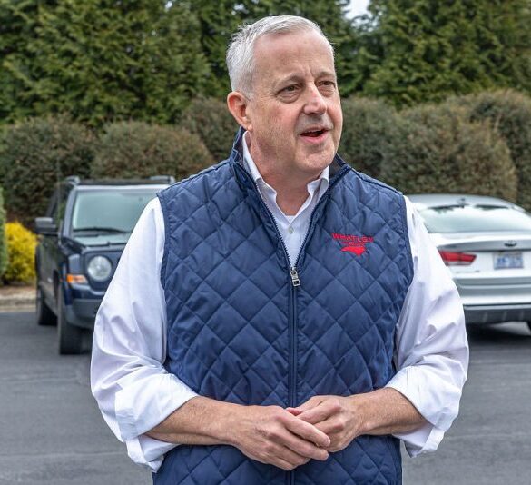 GRANITE FALLS, NORTH CAROLINA - MARCH 3: US Senate Candidate Michael Whatley greets voters and campaign representatives outisde of a Caldwell County polling location at Grace Chapel Fire Department on March 3, 2026 in Granite Falls, North Carolina. If former Republican National Committee Chairman Michael Whatley, who is endorsed by President Trump, wins the primary, he'll face former Governor Roy Cooper in the general election. (Photo by Grant Baldwin/Getty Images)