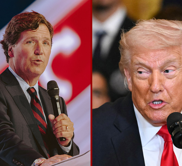 (L) Conservative political commentator and podcast host Tucker Carlson speaks at Turning Point's annual AmericaFest conference, in remembrance of late right-wing political activist Charlie Kirk, in Phoenix, Arizona on December 18, 2025. Kirk was shot dead on a Utah college campus in September, sparking a wave of grief among conservatives, and threats of a clampdown on the "radical left" from President Donald Trump. (Photo by Olivier Touron / AFP via Getty Images) / (R) US President Donald Trump speaks during an event for Inter Miami CF, winners of the 2025 Major League Soccer Cup, in the East Room of the White House in Washington, DC, on March 5, 2026. (Photo by ANDREW CABALLERO-REYNOLDS / AFP via Getty Images)