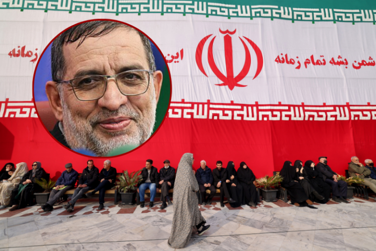 (Background) Mourners gather at the Imamzadeh Saleh shrine in Tajrish square in northern Tehran. (Photo by ATTA KENARE / AFP via Getty Images) / (L) Ali Mohammad Naini. (Photo via: Sardar (Islamic Revolutionary Guard Corps)