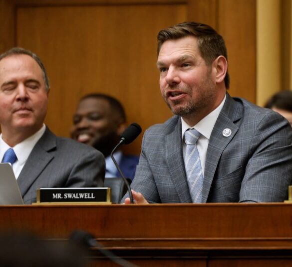 WASHINGTON, DC - JUNE 04: House Judiciary Committee member Rep. Eric Swalwell (D-CA) (R) accuses his fellow committee members of being members of a cult as U.S. Attorney General Merrick Garland testifies during a hearing in the Rayburn House Office Building on Capitol Hill on June 04, 2024 in Washington, DC. Facing a contempt vote in the House, Garland pushed back against false accusation that the Justice Department is behind the prosecution and subsequent conviction of former U.S. President Donald Trump in New York, and that falsehoods and "conspiracy theories" are harming the rule of law. (Photo by Chip Somodevilla/Getty Images)