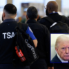 (Background) A TSA agent works at a security checkpoint at Ronald Reagan National Airport in Arlington, Virginia, on March 9, 2026. (Photo by Aaron Schwartz / AFP via Getty Images) /(R) U.S. President Donald Trump speaks to members of the media onboard Air Force One out of West Palm Beach, Florida, on March 15, 2026. (Photo by Nathan Howard/Getty Images)