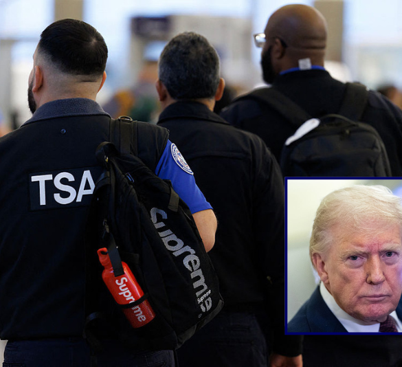 (Background) A TSA agent works at a security checkpoint at Ronald Reagan National Airport in Arlington, Virginia, on March 9, 2026. (Photo by Aaron Schwartz / AFP via Getty Images) /(R) U.S. President Donald Trump speaks to members of the media onboard Air Force One out of West Palm Beach, Florida, on March 15, 2026. (Photo by Nathan Howard/Getty Images)