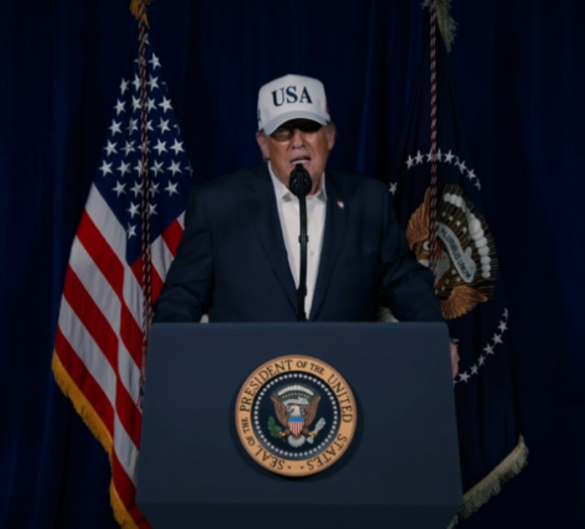 Screen capture of President Donald Trump delivering a video address regarding the U.S.-Israel joint missile strikes on Iran on Saturday, February 28, 2026. (via: The White House; X)