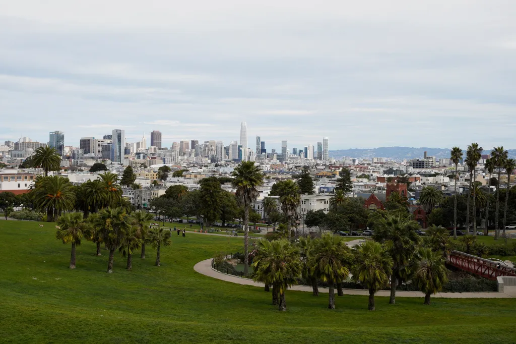 A view of the San Francisco skyline from Dolores Park.