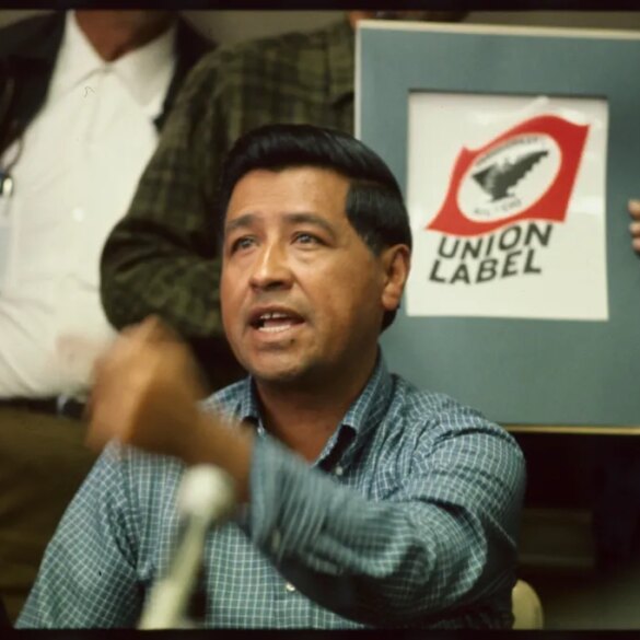 Cesar Chavez speaking to the press in Los Angeles.