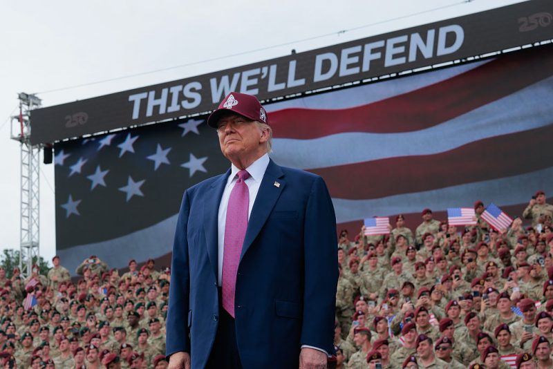 FORT BRAGG, NORTH CAROLINA - JUNE 10: U.S. President Donald Trump takes the stage during a rally with U.S. Army troops on June 10, 2025 at Fort Bragg, North Carolina. Trump is traveling to Fort Bragg Army base to observe a military demonstration and give remarks in honor of the U.S. Army’s 250th anniversary. (Photo by Anna Moneymaker/Getty Images)