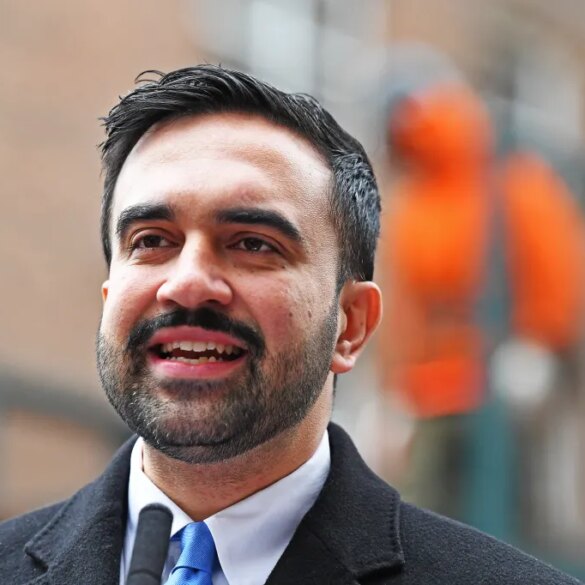 NYC Mayor Zohran Mamdani speaking at a press conference to announce plans to dismantle scaffolding.